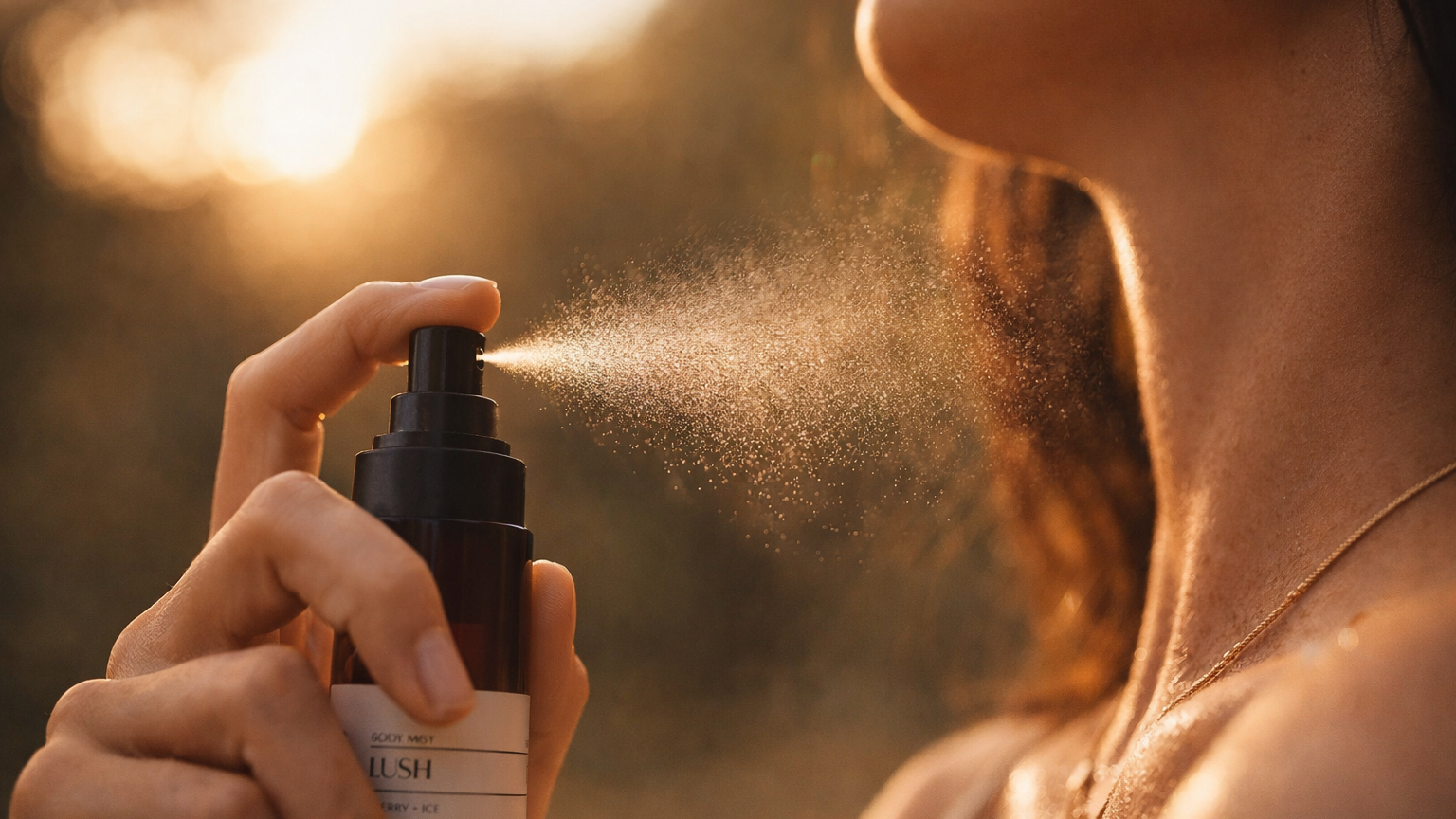 Person applying spray outdoors with a blurred natural background
